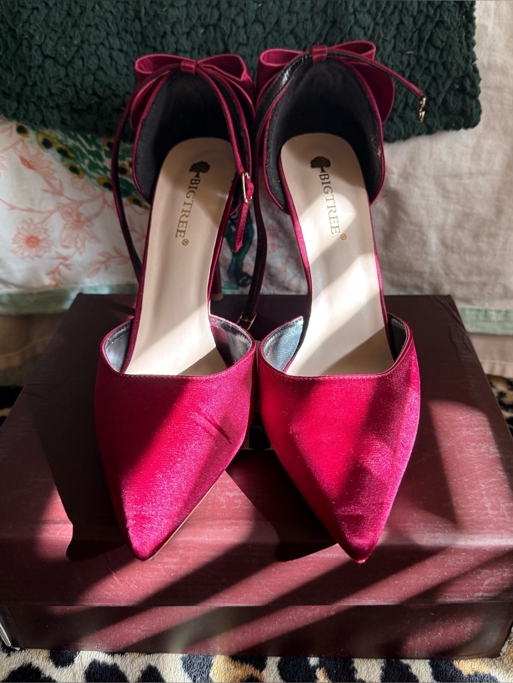 Big Tree Women's Pointed Toe Ankle Strap Heels in Burgundy